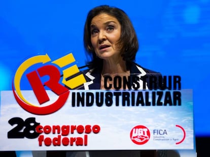 La ministra de Industria, Comercio y Turismo, Reyes Maroto, el 28º Congreso Federal UGT-Fica, este jueves.