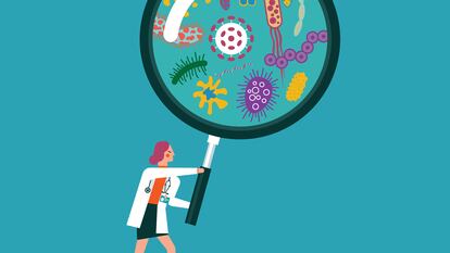 Magnifying lens illustration with viruses stock illustration