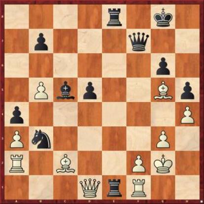 En esta posición, Nakamura acababa de jugar la espectacular 32 ...Te1, que fue contestada por Calsen con el golpe letal 33 Axg6