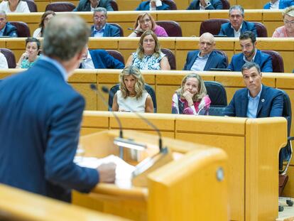 Alberto Núñez Feijóo interviene en el pleno del Senado, ante la mirada del presidente del Gobierno, Pedro Sánchez.