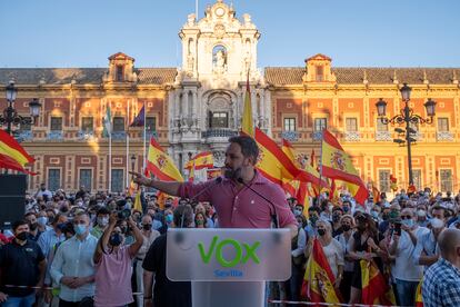 El líder de Vox, Santiago Abascal, durante un mitin celebrado en Sevilla en las puertas del Palacio de San Telmo, el pasado mayo.