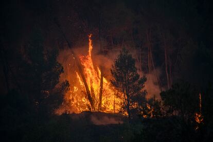 Efectivos en las labores de extinción del incendio de Pont de Vilomara, Barcelona.