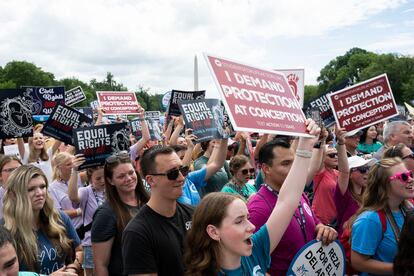 Anti-abortion activists cheer before Republican presidential candidate former Vice President Mike Pence speaks at the National Celebrate Life Rally at the Lincoln Memorial on Saturday, June 24, 2023, in Washington.