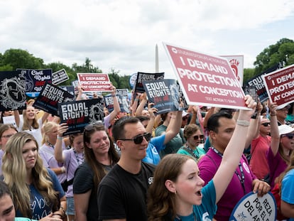 Anti-abortion activists cheer before Republican presidential candidate former Vice President Mike Pence speaks at the National Celebrate Life Rally at the Lincoln Memorial on Saturday, June 24, 2023, in Washington.