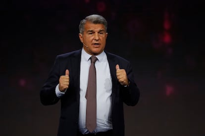 El presidente del FC Barcelona, Joan Laporta, durante su intervención en la jornada inaugural de Mobile World Congress.