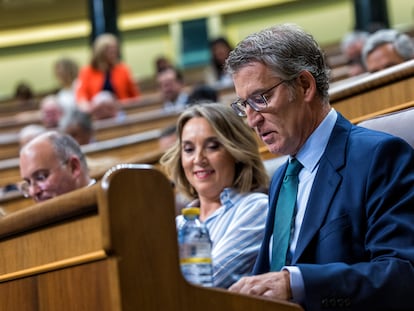 Alberto Núñez Feijóo, en su escaño del Congreso, este miércoles.