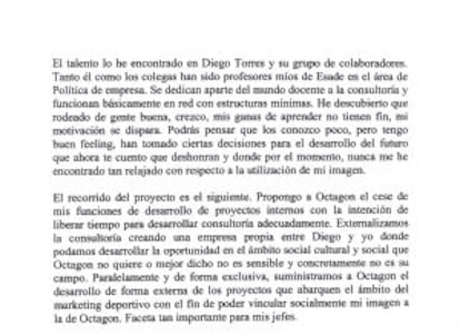 Fragmento del documento enviado por Urdangarin en el que alaba a Torres y anuncia la creaci&oacute;n de un proyecto en com&uacute;n.