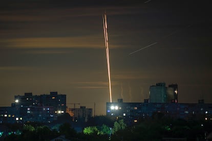 Russian rockets are launched against Ukraine from Russia's Belgorod region, seen from Kharkiv, Ukraine