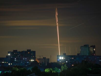 Russian rockets are launched against Ukraine from Russia's Belgorod region, seen from Kharkiv, Ukraine, Sunday, July 16, 2023.