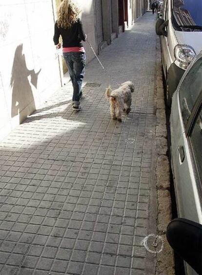 Calle de Elche en la que un hombre ha recibido hoy cuatro tiros. Los círculos pintados con tiza señalan donde cayeron los casquillos.