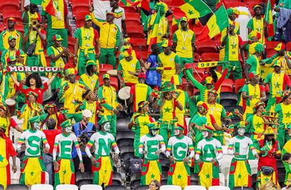 Colorida afición de Senegal (con un seguidor marroquí en cuarta fila a la izquierda). 