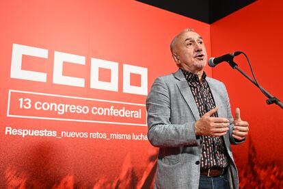 El secretario general de UGT, Pepe Álvarez, interviene en la apertura del XIII Congreso Confederal de CCOO este jueves en Madrid. 
