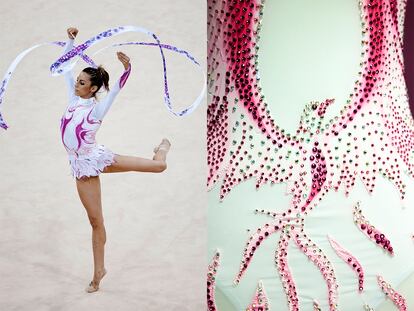 A la izda., Almudena Cid en la final individual de gimnasia rítmica en Pekín, en los Juegos Olímpicos de 2008. A la dcha., un detalle del fénix de su maillot.