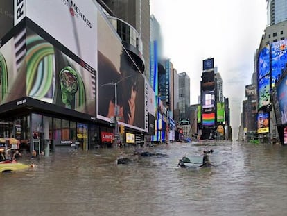 Simulação de inundação na praça Times Square, em Nova York. Um algoritmo encheu de água uma foto retirada do Google Street View.