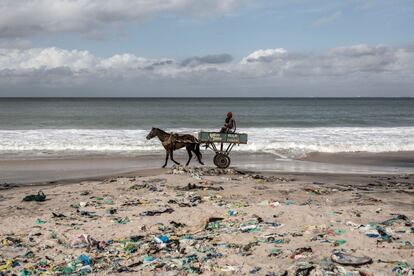 Paseo en un carro de caballos a lo largo de la costa contaminada en Bargny el 15 de agosto de 2020. A las infraestructuras se les suma otro problema: el aumento de residuos. La próxima construcción de un puerto es, para algunos vecinos, la gota que colma el vaso.