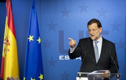Mariano Rajoy, durante la rueda de prensa posterior a la reuni&oacute;n del Consejo Europeo.