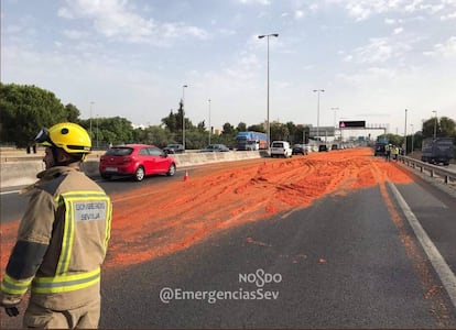 La carretera ha quedado cubierta de un manto de tomate.