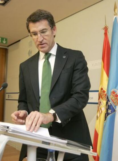 El presidente de la Xunta, Alberto Núñez Feijoo, al inicio de la rueda de prensa ofrecida tras la reunión del Consello