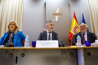 El ministro del Interior, Fernando Grande-Marlaska, junto al director general de Trfico, Pere Navarro, y la subsecretaria del ministerio, Susana Crisstomo, hoy en la sede de la DGT.