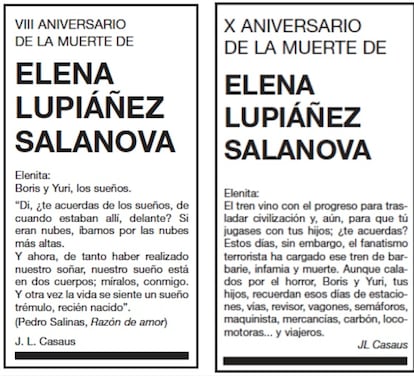 10th Anniversary of the death of Elena Lupiáñez Salanova Elenita, The train brought progress and a way to play with your children. Do you remember? Now, fanatical terrorists have loaded the train with barbarity, infamy and death. Despite their horror, Boris and Yuri, your sons, remember those days of stations, ticket inspectors, carriages, crossings, train drivers, goods, coal, engines… and passengers. JL Causas