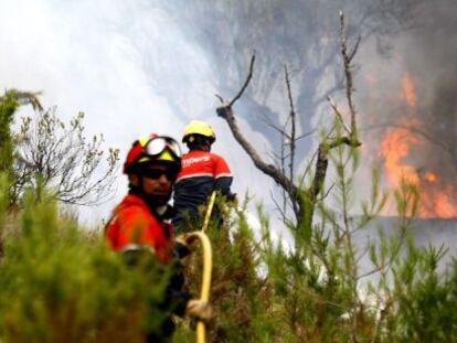 Dos bomberos con una manguera en el incendio declarado en el término de Torremanzanas.