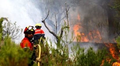Dos bomberos con una manguera en el incendio declarado hoy en el término de Torre Manzanas.