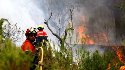 Dos bomberos con una manguera en el incendio declarado en el término de Torremanzanas.