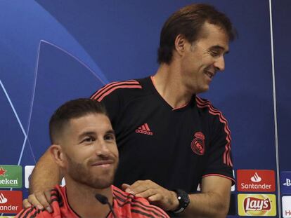 Julen Lopetegui e Sergio Ramos durante coletiva antes da partida entre Real e Roma.