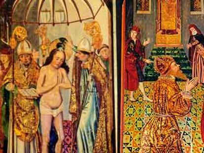 Estas tres tablas del siglo XV sobre la vida de San Martín fueron robadas en la iglesia de Salas de los Barrios. Desde la izquierda, representan al santo predicando, en su bautizo y ante el emperador Valentiniano.