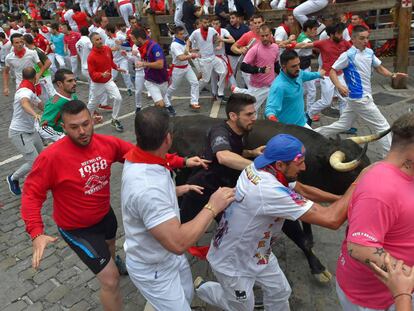 Runners at the the seventh bullrun of the San Fermin festival on Friday.