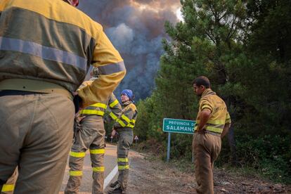 El incendio que arrasa la zona limítrofe de las provincias de Cáceres y Salamanca empeora. La evolución del fuego es “muy desfavorable”, según ha informado la Junta de Extremadura y se vuelve “extremadamente virulento”, con velocidades de propagación “muy extremas”, añade la Junta de Castilla y León. En la imagen, agentes de Medioambiente de Castilla y León llegan hasta la frontera extremeña para continuar con las labores conjuntas de extinción del fuego.