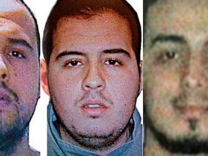 Los hermanos Khalid e Ibrahim El Bakraoui (izquierda), suicidas en el metro y el aeropuerto de Bruselas, respectivamente, junto a Najim Laachraoui.