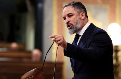 El líder de Vox, Santiago Abascal, se dirige al presidente del Gobierno, Pedro Sánchez, en el Congreso de los Diputados, en Madrid, este miércoles. 