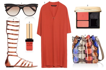 1. Tom Ford Gafas de sol con montura de pasta. 2. Zara Vestido estilo kaftn. 3. Guerlain Colorete 'Rose Aux Joues'. 4. Charlotte Olympia Sandalia gladiadora de piel metalizada. 5. Yves Saint Laurent Tinte para labios y mejillas 'Baby Doll'. 6. Proenza Schouler Bolso estilo bombonera de pitn.