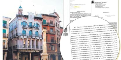 La sede de Caja Rural de Teruel, a la izquierda, y un detalle de la sentencia de la Audiencia Provincial que avala su cláusula suelo.