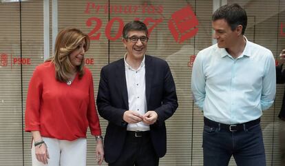 Susana D&iacute;az, Patxi L&oacute;pez y Pedro S&aacute;nchez, candidatos a las elecciones primarias a la Secretar&iacute;a General del PSOE.