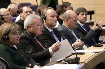 Isabel Bonig, Ramón Luis Valcárcel, Alberto Fabra y Máximo Buch, en el Palacio de Congresos de Valencia.