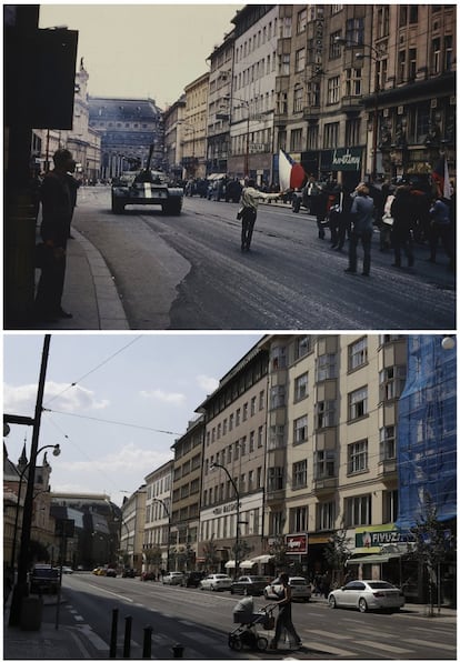 En la imagen superior, ciudadanos ondean la bandera de Checoslovaquia frente a la llegada de un tanque en una calle de Praga, en agosto de 1968. En la imagen inferior, una mujer cruza esa calle el 16 de agosto de 2018.