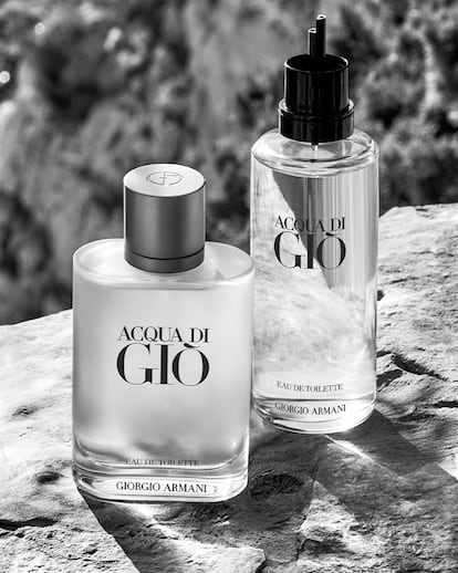 En esta página, el eau de toilette original de Acqua di Giò, de Giorgio Armani, con su formato recargable.