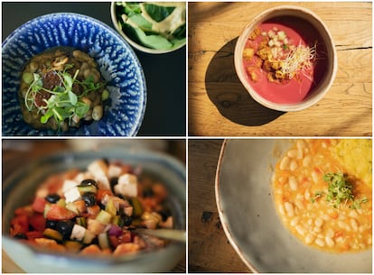 De izquierda a derecha: medallones de tempeh con demiglace vegetal, en el Sha y guiso de alubias con pastel salado de polenta y gazpacho de sandía, en MasQi. En la fila de abajo, ensalada mediterránea, en el centro de retiros D’Alijo, y, a la derecha, un guiso de alubias con pastel salado de polenta, en MasQi.