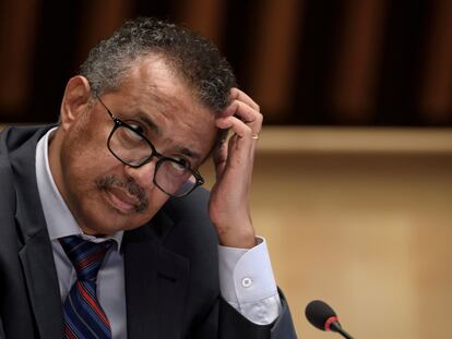 El director general de la OMS, Tedros Adhanom Ghebreyesus, durante una rueda de prensa en la sede de Ginebra.