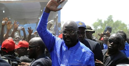 El exfutbolista George Weah, durante un acto de su partido en Monrovia.
