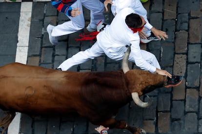 Los toros de la ganadería Jandilla en el tramo del Callejón, durante el quinto encierro.