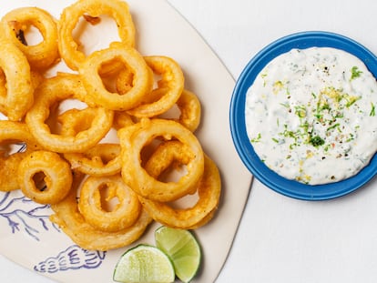 They look like fried calamari, but they are fried onion rings.