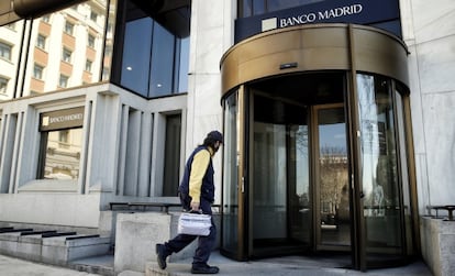 The headquarters of Banco Madrid appeared calm on Wednesday.