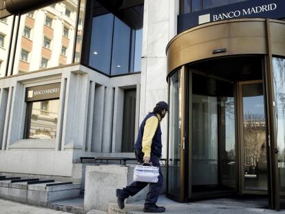 The headquarters of Banco Madrid appeared calm on Wednesday.