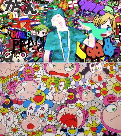 Imagen del vídeo ‘It Girls’ de Farrell Williams./ Obra de Takashi Murakami.