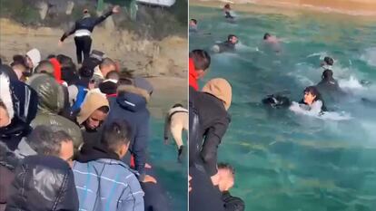 Combo de dos imágenes en la que se ve como los tripulantes de una narcolancha obligan a los migrantes a saltar al agua al llegar a la costa de Cádiz.
