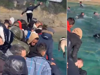 Combo de dos imágenes en la que se ve como los tripulantes de una narcolancha obligan a los migrantes a saltar al agua al llegar a la costa de Cádiz.