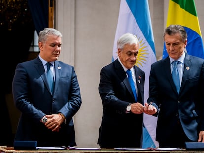 Sebastián Piñera con Iván Duque (izquierda) y Mauricio Macri, en marzo de 2019.